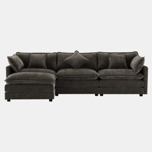 Sofá de canto de 3 lugares em chenille com apoio modular para os pés - Cinzento