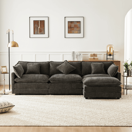 Sofá de canto de 3 lugares em chenille com apoio modular para os pés - Cinzento