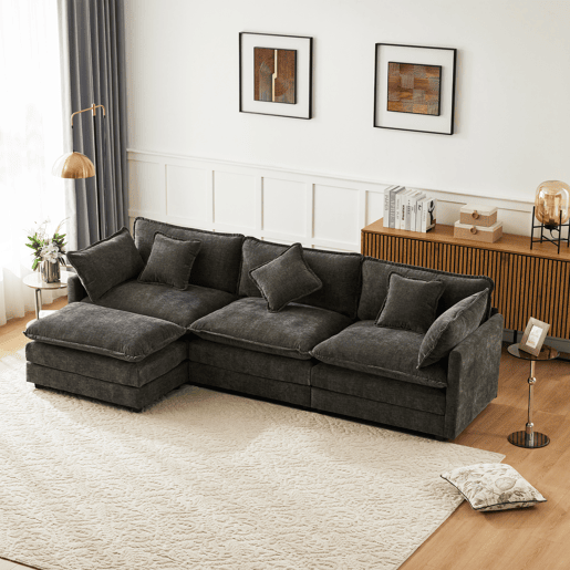 Sofá de canto de 3 lugares em chenille com apoio modular para os pés - Cinzento