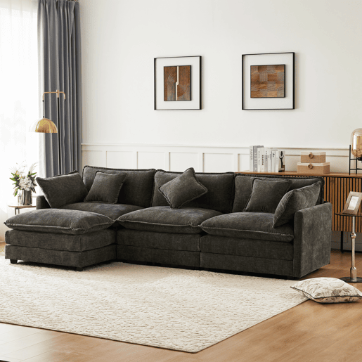 Sofá de canto de 3 lugares em chenille com apoio modular para os pés - Cinzento