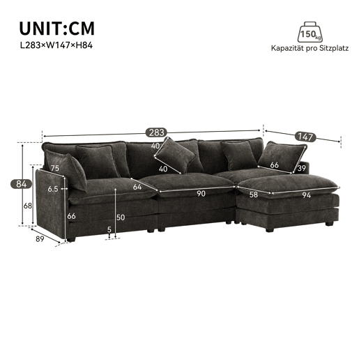 Sofá de canto de 3 lugares em chenille com apoio modular para os pés - Cinzento