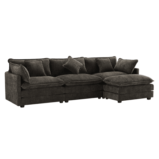 Sofá de canto de 3 lugares em chenille com apoio modular para os pés - Cinzento
