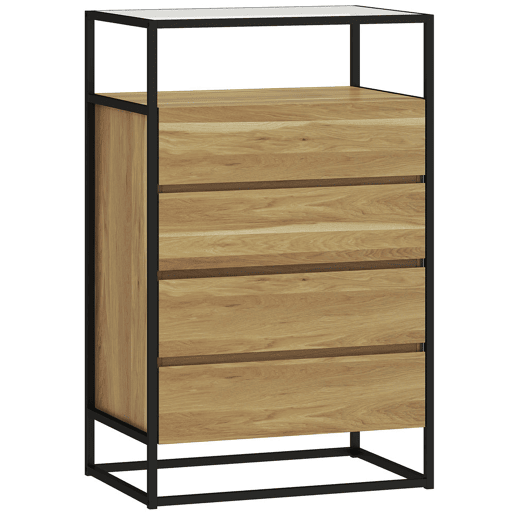 HOMCOM Cómoda com 4 Gavetas, com Superfície de Vidro Transparente e Prateleira Aberta, Cómoda para Quarto, Estrutura de Aço, Gaveteiro para Sala de Estar, Escritório, 60x40x94,5 cm, Teca
