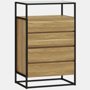HOMCOM Cómoda com 4 Gavetas, com Superfície de Vidro Transparente e Prateleira Aberta, Cómoda para Quarto, Estrutura de Aço, Gaveteiro para Sala de Estar, Escritório, 60x40x94,5 cm, Teca