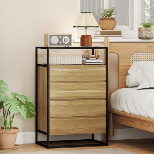 HOMCOM Cómoda com 4 Gavetas, com Superfície de Vidro Transparente e Prateleira Aberta, Cómoda para Quarto, Estrutura de Aço, Gaveteiro para Sala de Estar, Escritório, 60x40x94,5 cm, Teca