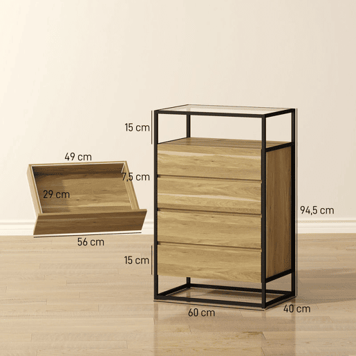 HOMCOM Cómoda com 4 Gavetas, com Superfície de Vidro Transparente e Prateleira Aberta, Cómoda para Quarto, Estrutura de Aço, Gaveteiro para Sala de Estar, Escritório, 60x40x94,5 cm, Teca