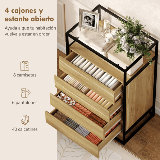 HOMCOM Cómoda com 4 Gavetas, com Superfície de Vidro Transparente e Prateleira Aberta, Cómoda para Quarto, Estrutura de Aço, Gaveteiro para Sala de Estar, Escritório, 60x40x94,5 cm, Teca