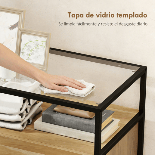 HOMCOM Cómoda com 4 Gavetas, com Superfície de Vidro Transparente e Prateleira Aberta, Cómoda para Quarto, Estrutura de Aço, Gaveteiro para Sala de Estar, Escritório, 60x40x94,5 cm, Teca