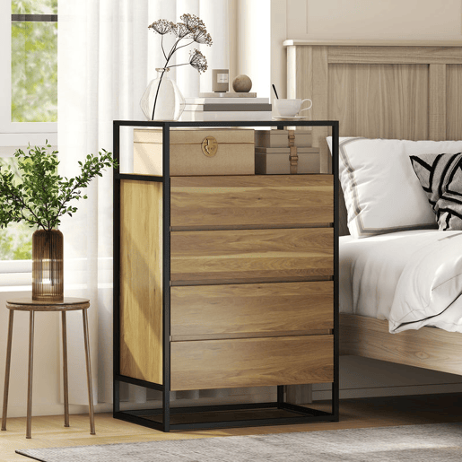 HOMCOM Cómoda com 4 Gavetas, com Superfície de Vidro Transparente e Prateleira Aberta, Cómoda para Quarto, Estrutura de Aço, Gaveteiro para Sala de Estar, Escritório, 60x40x94,5 cm, Teca
