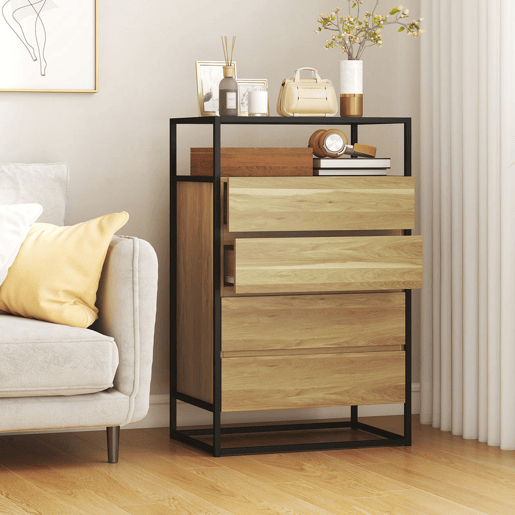 HOMCOM Cómoda com 4 Gavetas, com Superfície de Vidro Transparente e Prateleira Aberta, Cómoda para Quarto, Estrutura de Aço, Gaveteiro para Sala de Estar, Escritório, 60x40x94,5 cm, Teca