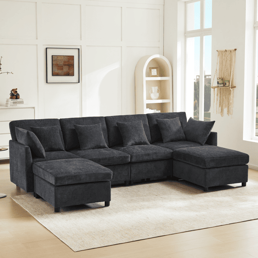 Sofá modular de 6 lugares - em forma de L e U, com apoio para os pés removível - Cinza