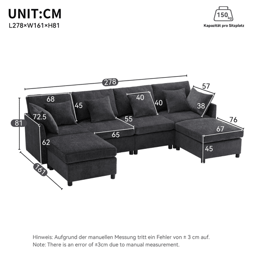 Sofá modular de 6 lugares - em forma de L e U, com apoio para os pés removível - Cinza