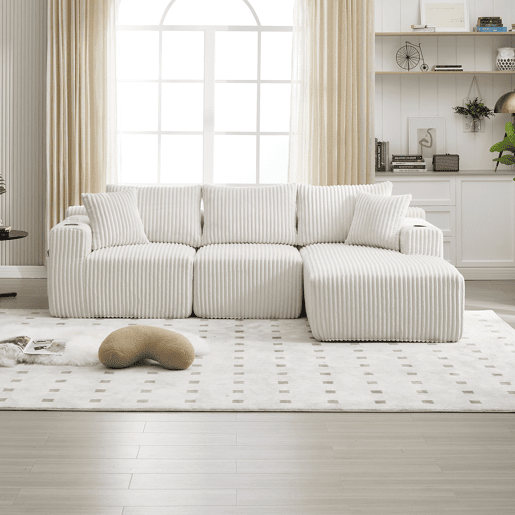 Sofá modular de 3 lugares - com chaise longue, 5 almofadas, bolsos laterais - Bege