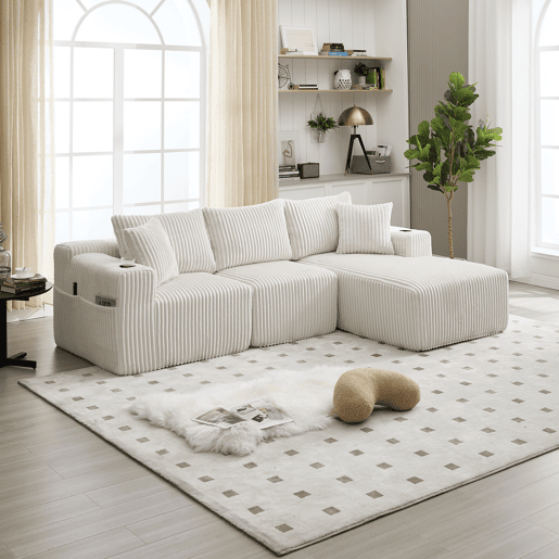 Sofá modular de 3 lugares - com chaise longue, 5 almofadas, bolsos laterais - Bege