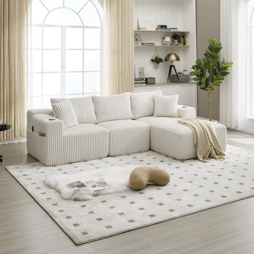 Sofá modular de 3 lugares - com chaise longue, 5 almofadas, bolsos laterais - Bege