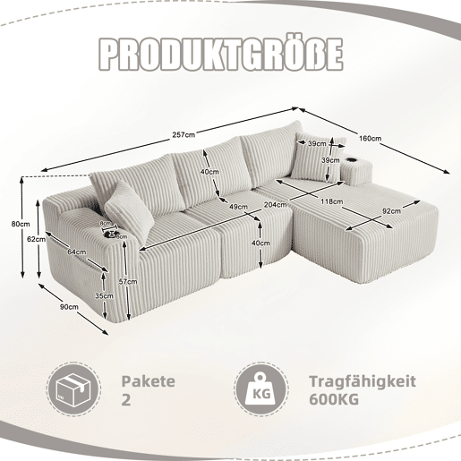Sofá modular de 3 lugares - com chaise longue, 5 almofadas, bolsos laterais - Bege