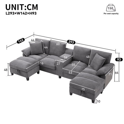 Sofá em forma de U para 4 pessoas - Com arrumação, almofadas, porta-copos em aço inoxidável, 2 portas USB - Cinza