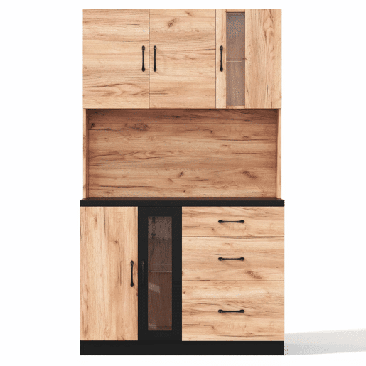Armário alto de cozinha 105 x 40 x 180 cm - moderno, em preto e madeira, com LED e tomada de estilo europeu - Neutral Armário alto de cozinha 105 x 40 x 180 cm - moderno, em preto e madeira, com LED e tomada de estilo europeu - Neutral