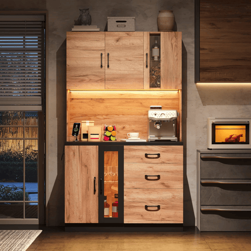 Armário alto de cozinha 105 x 40 x 180 cm - moderno, em preto e madeira, com LED e tomada de estilo europeu - Neutral Armário alto de cozinha 105 x 40 x 180 cm - moderno, em preto e madeira, com LED e tomada de estilo europeu - Neutral