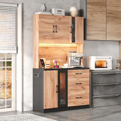Armário alto de cozinha 105 x 40 x 180 cm - moderno, em preto e madeira, com LED e tomada de estilo europeu - Neutral Armário alto de cozinha 105 x 40 x 180 cm - moderno, em preto e madeira, com LED e tomada de estilo europeu - Neutral