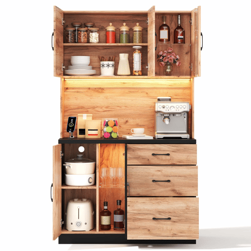 Armário alto de cozinha 105 x 40 x 180 cm - moderno, em preto e madeira, com LED e tomada de estilo europeu - Neutral Armário alto de cozinha 105 x 40 x 180 cm - moderno, em preto e madeira, com LED e tomada de estilo europeu - Neutral