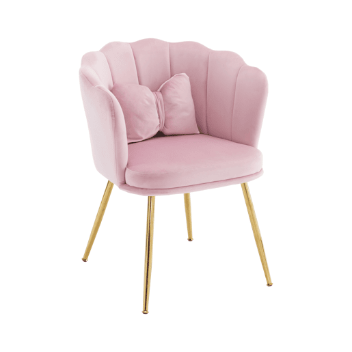 Poltrona moderna para sala de estar - Poltrona decorativa acolchoada com encosto em forma de pétalas e pés metálicos dourados - Rosa