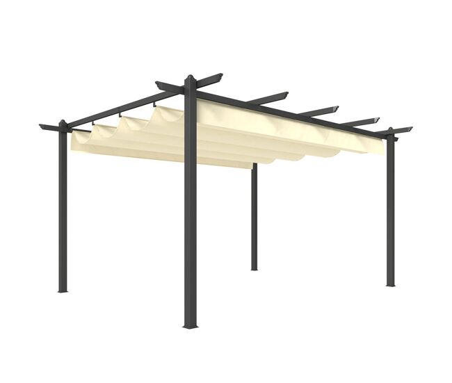 Outsunny pérgola de jardín 4x3 m con techo retráctil, cenador de jardín con estructura de aluminio, upf30+, orificios de drenaje, pabellón para
