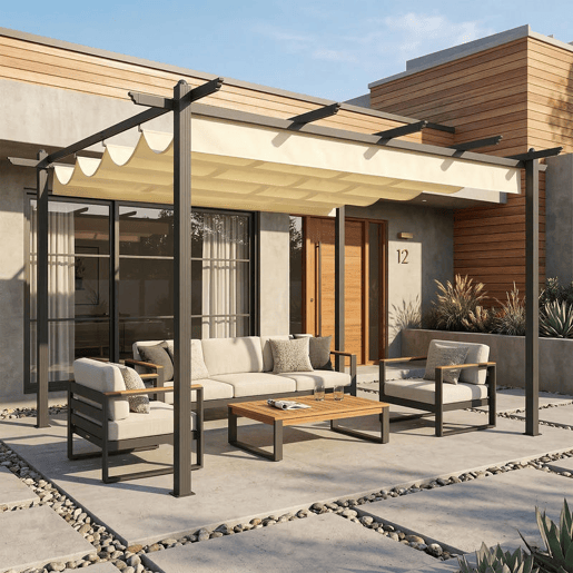 Outsunny Pérgola de Jardim 4x3 m com Telhado Retrátil Pérgola com Estrutura de Alumínio UPF30+ Orifícios de Drenagem para Exterior Pátio, Terraço Creme