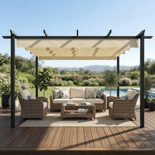 Outsunny Pérgola de Jardim 4x3 m com Telhado Retrátil Pérgola com Estrutura de Alumínio UPF30+ Orifícios de Drenagem para Exterior Pátio, Terraço Creme