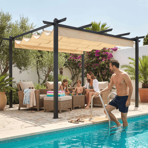Outsunny Pérgola de Jardim 4x3 m com Telhado Retrátil Pérgola com Estrutura de Alumínio UPF30+ Orifícios de Drenagem para Exterior Pátio, Terraço Creme