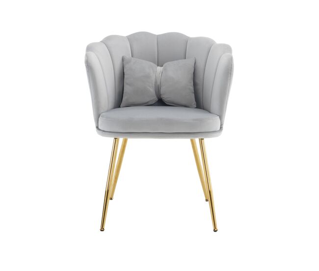 Sillón moderno de terciopelo - sillón de baño cómodo y decorativo con respaldo de pétalos y patas metálicas doradas - gris