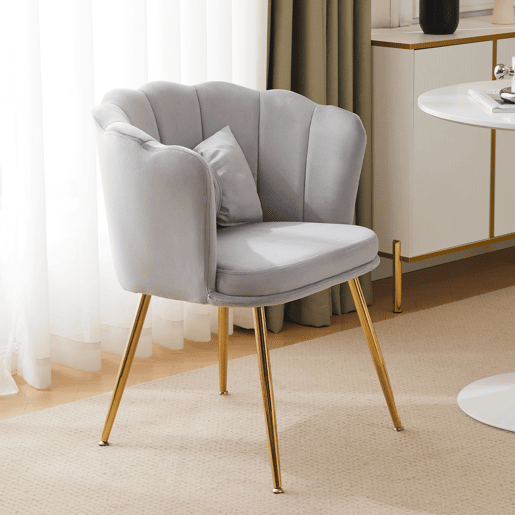 Poltrona moderna de veludo - Poltrona de banho confortável e decorativa com encosto em pétalas e pés metálicos dourados - Cinza
