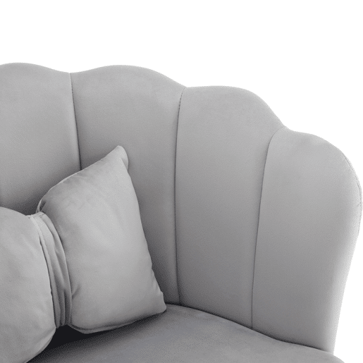 Poltrona moderna de veludo - Poltrona de banho confortável e decorativa com encosto em pétalas e pés metálicos dourados - Cinza