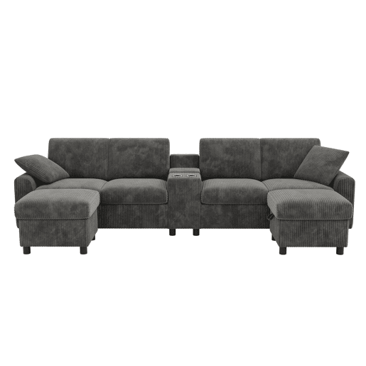 Sofá em forma de U 315x81x135 cm - 2 pufes com arrumação, mesa, 2 porta-copos, 1 USB, 2 tomadas, 2 Type-C - Cinza