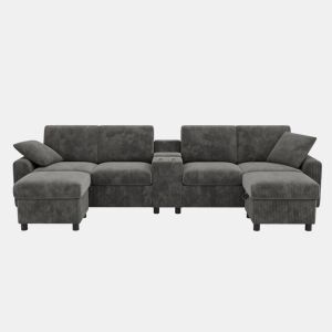 Sofá em forma de U 315x81x135 cm - 2 pufes com arrumação, mesa, 2 porta-copos, 1 USB, 2 tomadas, 2 Type-C - Cinza