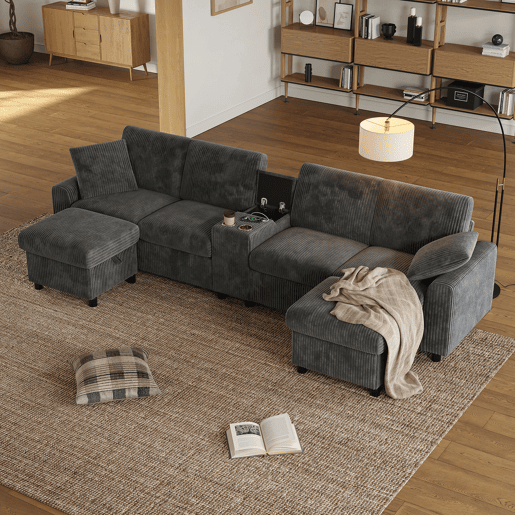 Sofá em forma de U 315x81x135 cm - 2 pufes com arrumação, mesa, 2 porta-copos, 1 USB, 2 tomadas, 2 Type-C - Cinza