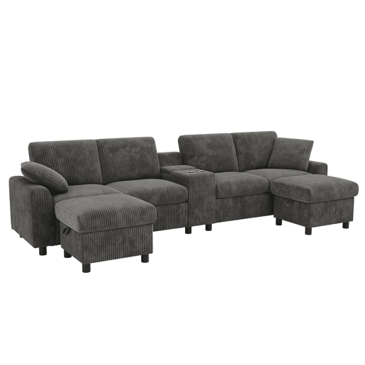 Sofá em forma de U 315x81x135 cm - 2 pufes com arrumação, mesa, 2 porta-copos, 1 USB, 2 tomadas, 2 Type-C - Cinza