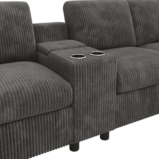 Sofá em forma de U 315x81x135 cm - 2 pufes com arrumação, mesa, 2 porta-copos, 1 USB, 2 tomadas, 2 Type-C - Cinza
