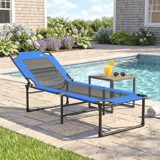 Outsunny Espreguiçadeira Dobrável Espreguiçadeira de Jardim Exterior com Encosto Ajustável em 4 Posições Alças de Transporte e Encosto de Textilene Suporta até 120 kg para Terraço Piscina Praia 175x58x68 cm, Azul