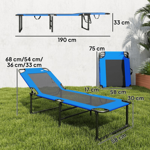 Outsunny Espreguiçadeira Dobrável Espreguiçadeira de Jardim Exterior com Encosto Ajustável em 4 Posições Alças de Transporte e Encosto de Textilene Suporta até 120 kg para Terraço Piscina Praia 175x58x68 cm, Azul