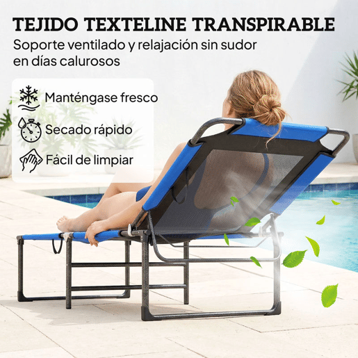 Outsunny Espreguiçadeira Dobrável Espreguiçadeira de Jardim Exterior com Encosto Ajustável em 4 Posições Alças de Transporte e Encosto de Textilene Suporta até 120 kg para Terraço Piscina Praia 175x58x68 cm, Azul