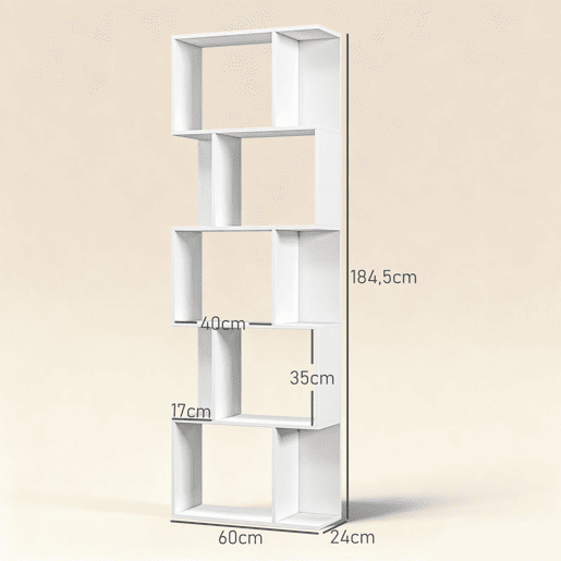 HOMCOM Estante de 5 Níveis Estante para Livros em Forma de S com 10 Prateleiras para Sala de Estar Quarto Escritório 60x24x184,5 cm Branco
