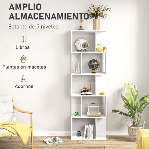 HOMCOM Estante de 5 Níveis Estante para Livros em Forma de S com 10 Prateleiras para Sala de Estar Quarto Escritório 60x24x184,5 cm Branco