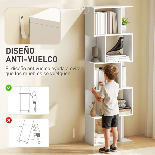 HOMCOM Estante de 5 Níveis Estante para Livros em Forma de S com 10 Prateleiras para Sala de Estar Quarto Escritório 60x24x184,5 cm Branco