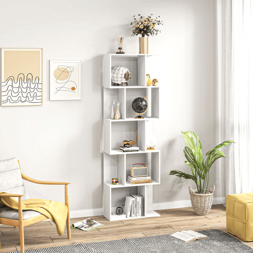 HOMCOM Estante de 5 Níveis Estante para Livros em Forma de S com 10 Prateleiras para Sala de Estar Quarto Escritório 60x24x184,5 cm Branco
