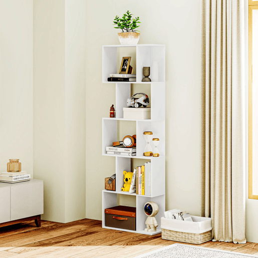 HOMCOM Estante de 5 Níveis Estante para Livros em Forma de S com 10 Prateleiras para Sala de Estar Quarto Escritório 60x24x184,5 cm Branco