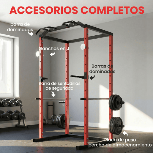 SPORTNOW Jaula de Potência Musculação, Rack para Agachamentos com Barra de Elevações, Estação de Paralelas Ajustável em Altura, Suporte de Barra Regulável, para Casa Ginásio, Carga 460 kg