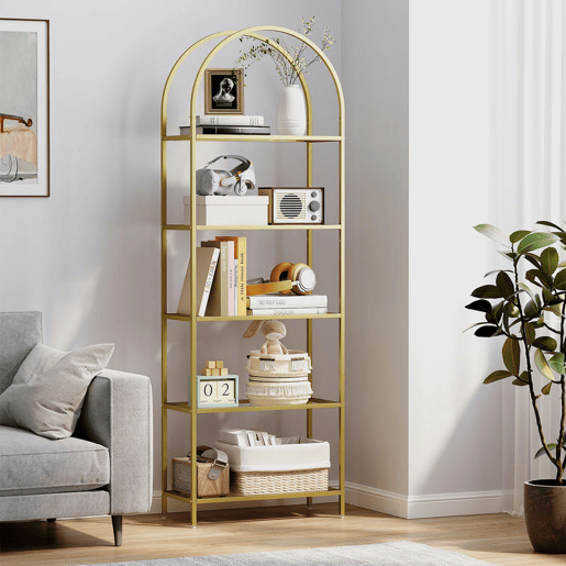 HOMCOM Estante de Vidro Temperado de 5 Níveis Estante de Arrumação Estrutura Arqueada Estante Estreita para Espaços Pequenos Casa de Banho Sala de Estar e Cozinha 60x30x175 cm Dourado