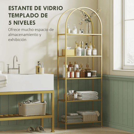 HOMCOM Estante de Vidro Temperado de 5 Níveis Estante de Arrumação Estrutura Arqueada Estante Estreita para Espaços Pequenos Casa de Banho Sala de Estar e Cozinha 60x30x175 cm Dourado