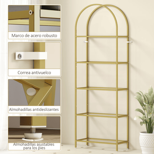 HOMCOM Estante de Vidro Temperado de 5 Níveis Estante de Arrumação Estrutura Arqueada Estante Estreita para Espaços Pequenos Casa de Banho Sala de Estar e Cozinha 60x30x175 cm Dourado